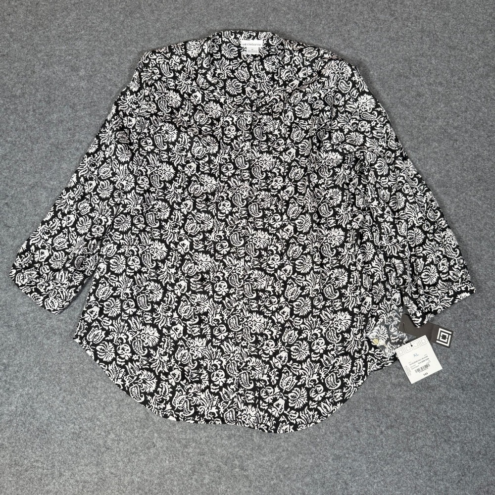 Liz Claiborne Womens XL Black White Paisley 3/4 Sleeve Blouse 814-8096 NEW